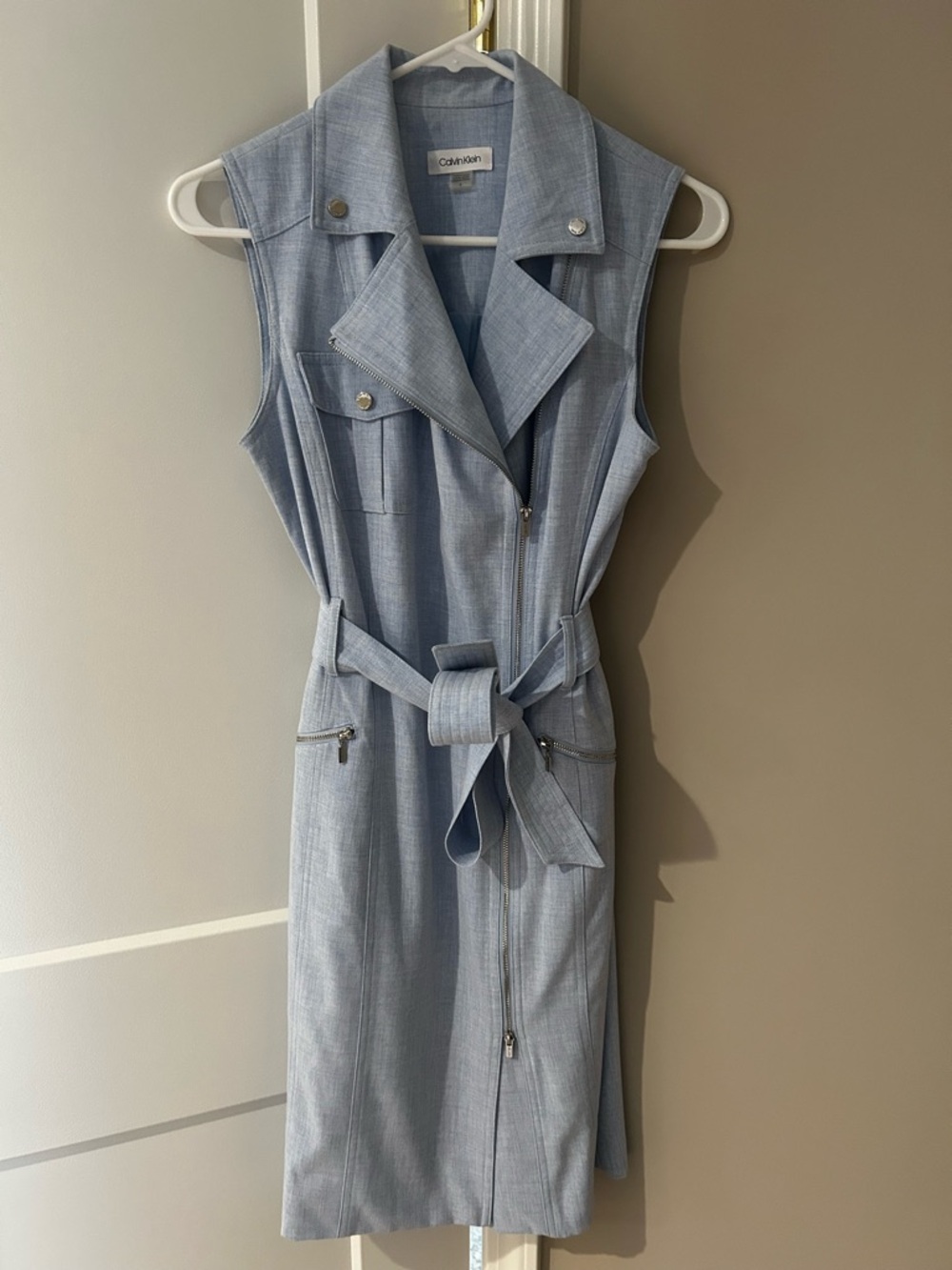 Calvin Klein Light Blue Sleeveless Zip-Belt Midi Dress